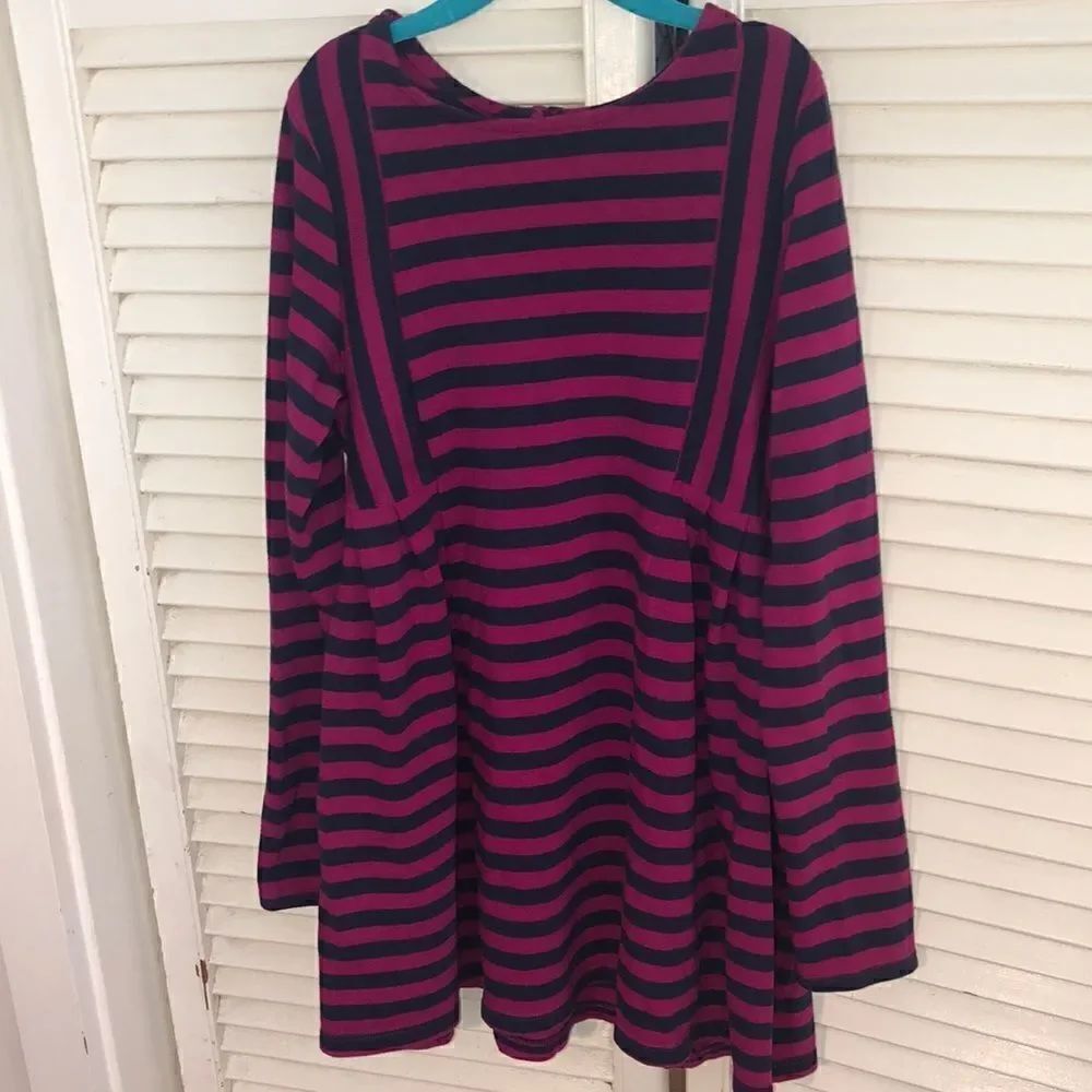 Land’s End Fit & Flare Long-sleeve Dress in Pink and Gray Blue Stripe.